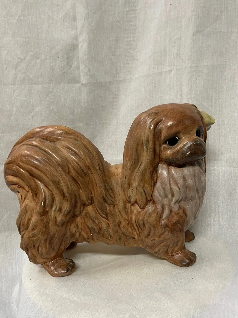 Vintage Pekingese Dog Figurine Porcelain Ceramic Handcrafted & Signed 12”Lx9”h